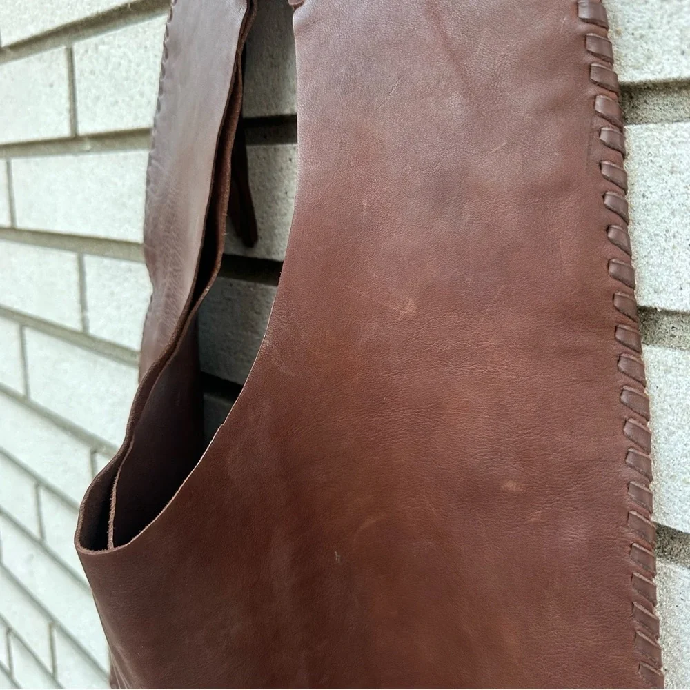 Handmade Brown Leather Beaded Shoulder Bag Tote Purse Whipstitch Edge Tie Straps